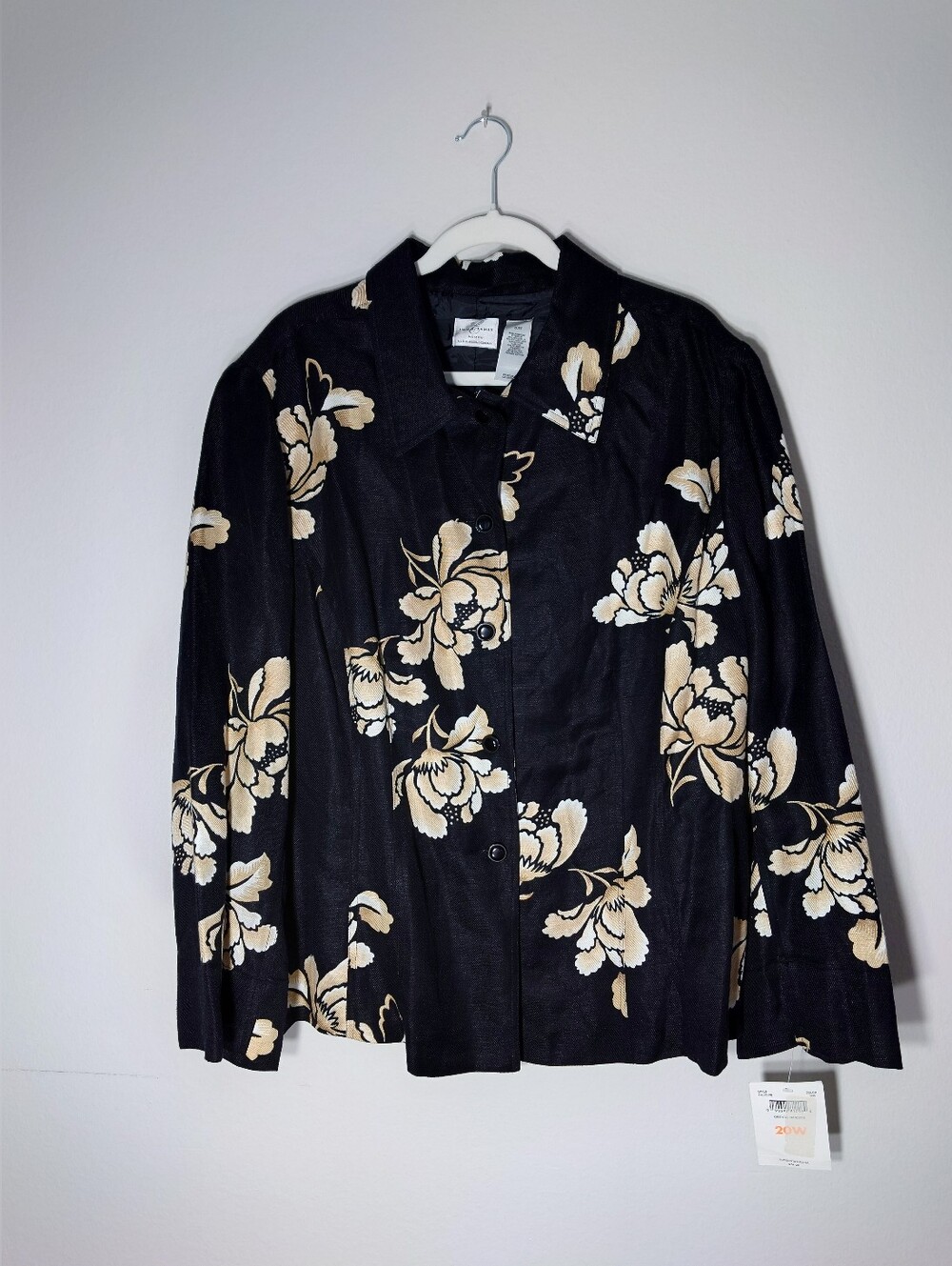 Emma James Linen Blend Floral Jacket Blazer 20W NWT Black Beige Plus Size